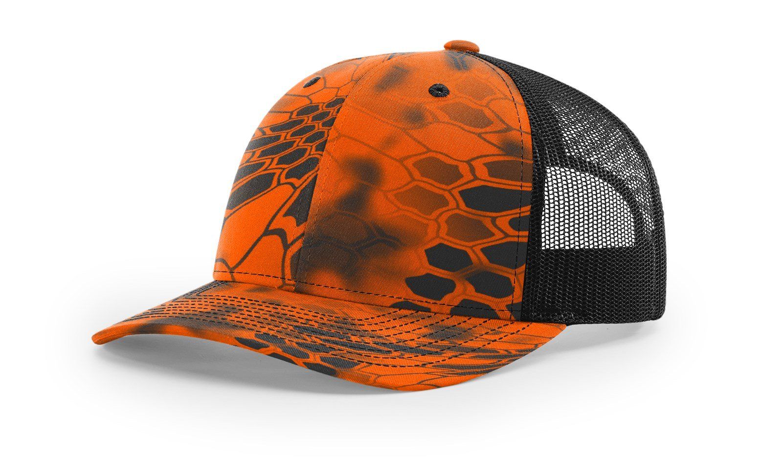 Orange and black camouflage trucker hat.