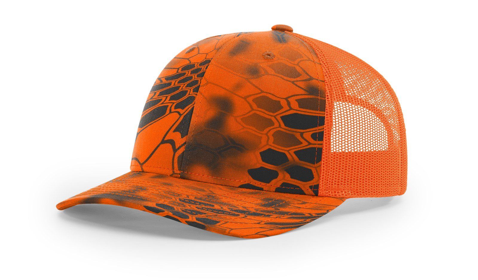Orange and black camouflage trucker hat.