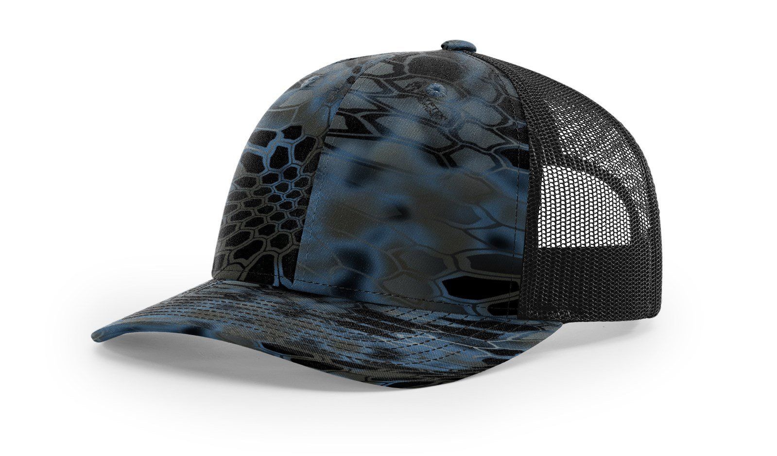 Blue and black camouflage trucker hat with a black mesh back.