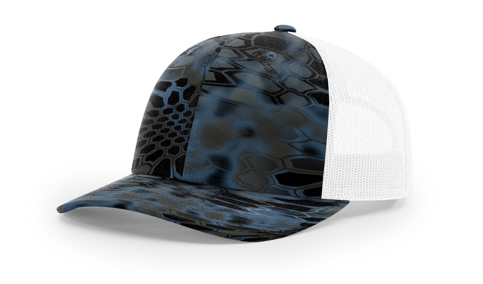 Blue camouflage trucker hat with white mesh back.