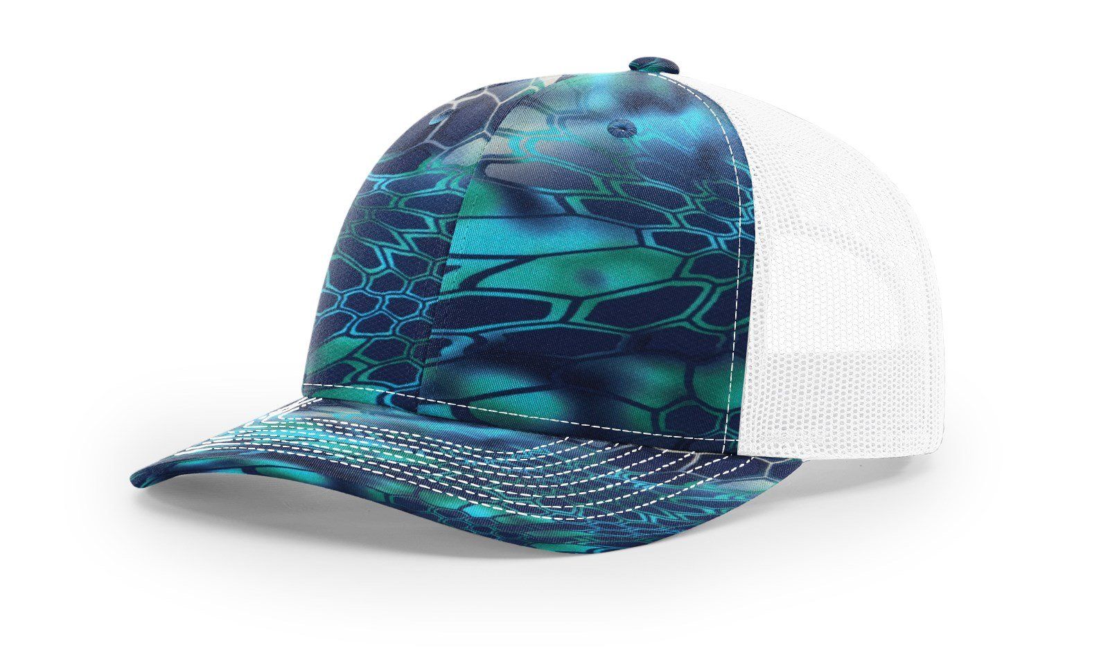 Blue and white camouflage patterned trucker hat.