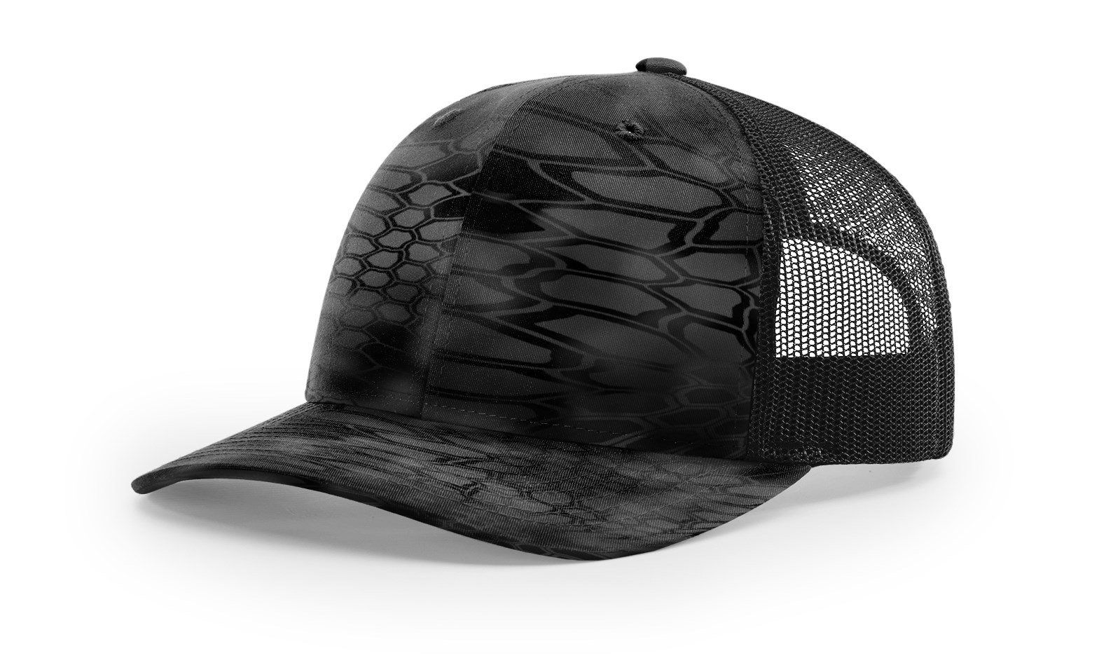 Black camouflage trucker hat.
