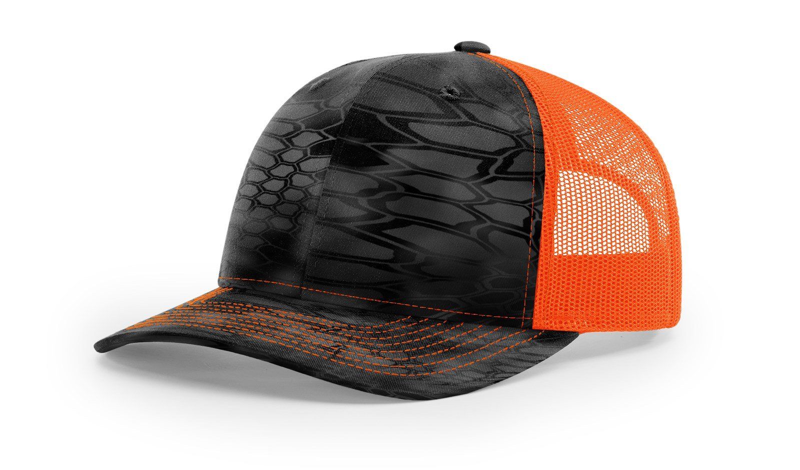Black and orange camo trucker hat.
