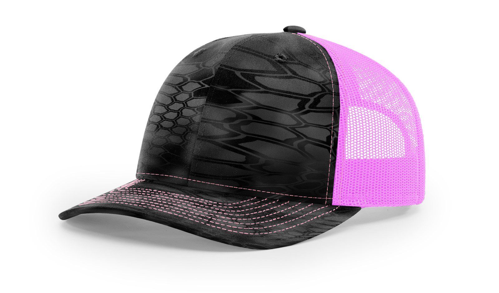 Black and pink trucker hat with textured pattern on the front and bill, pink mesh back.