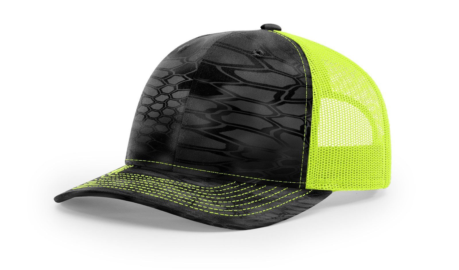 Black and neon green trucker hat with a patterned front and mesh back.