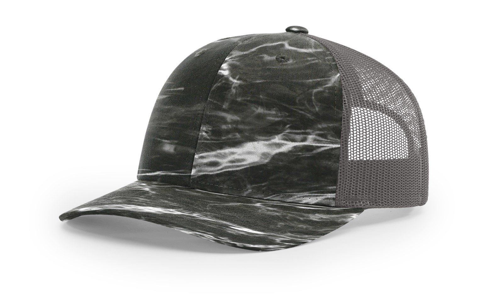 Black and white marbled trucker hat with mesh back.