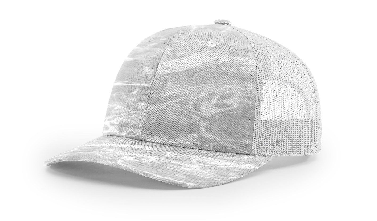 White cap with a mesh back and curved brim.