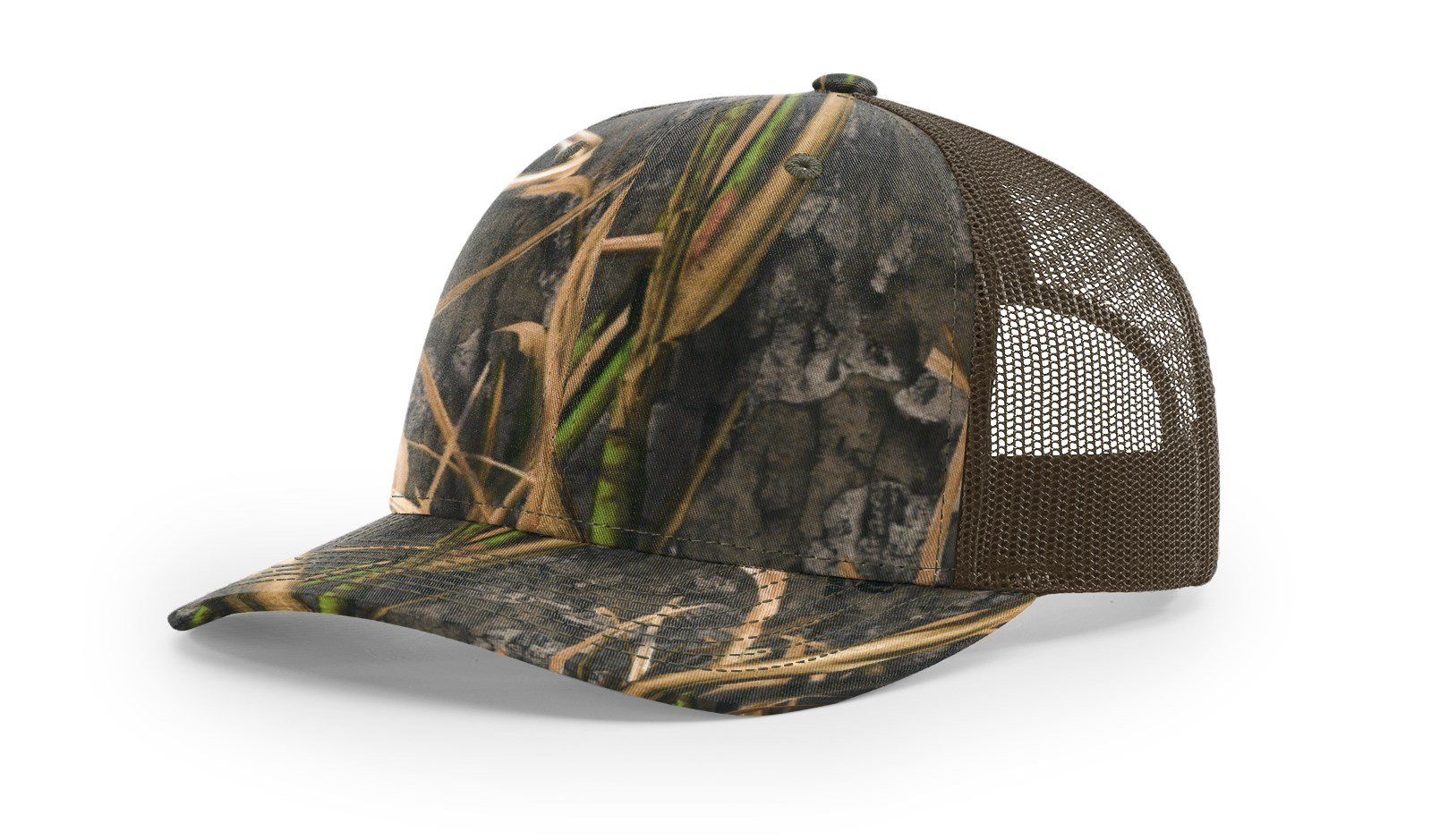 Camouflage trucker hat with brown mesh back.
