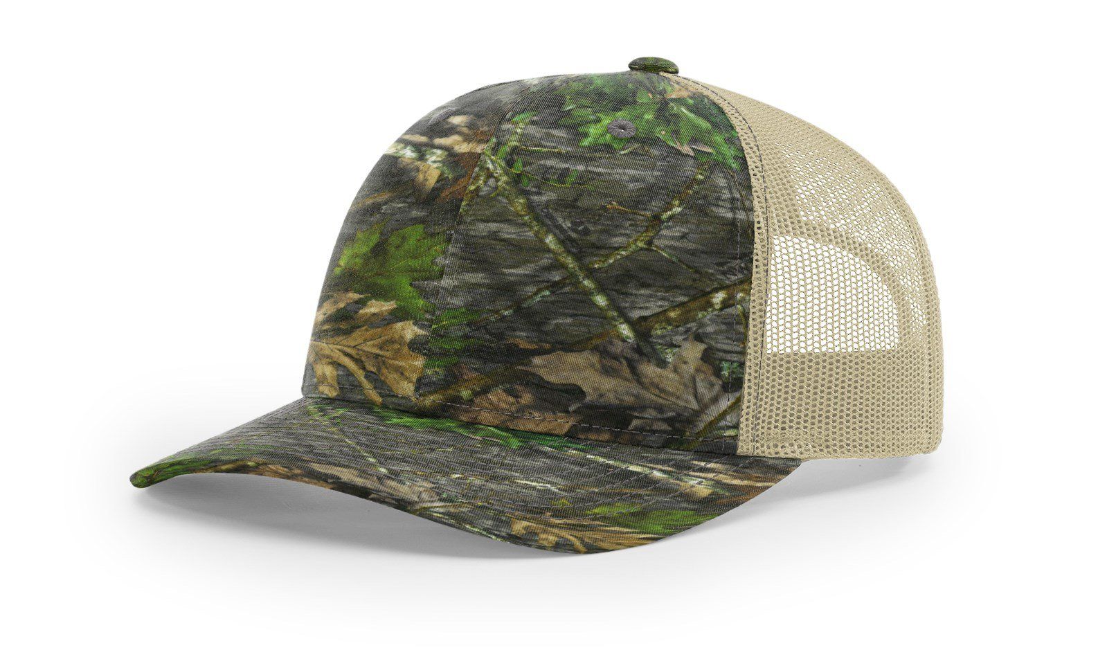 Camouflage print trucker hat with tan mesh back.