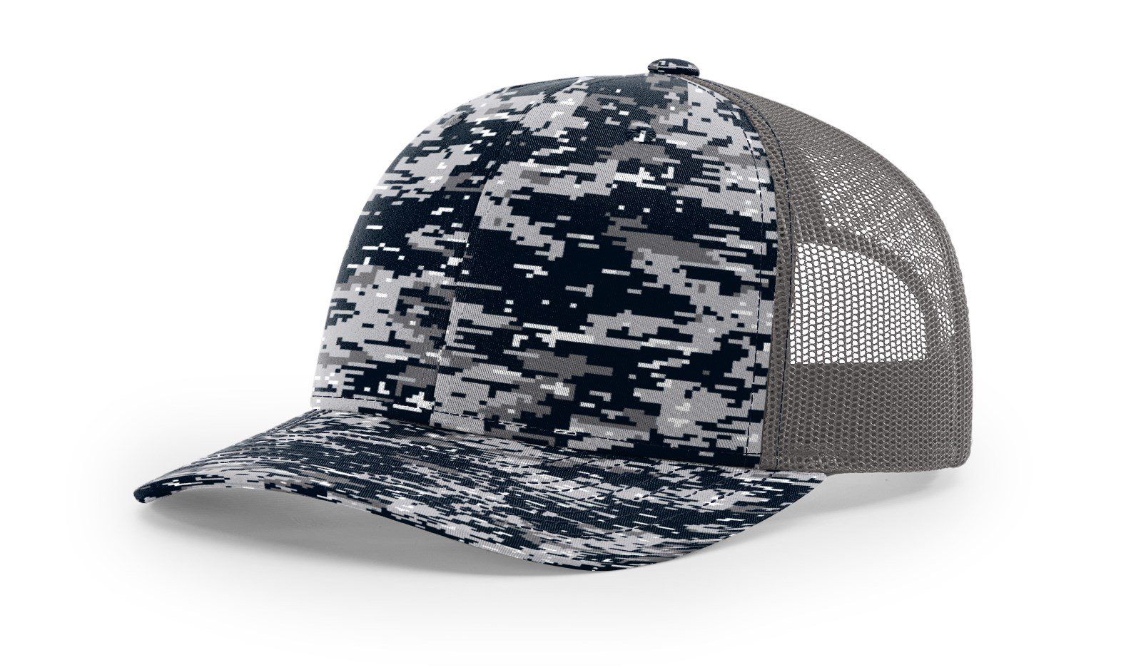Digital camo trucker hat, navy, gray, and white, with gray mesh back.