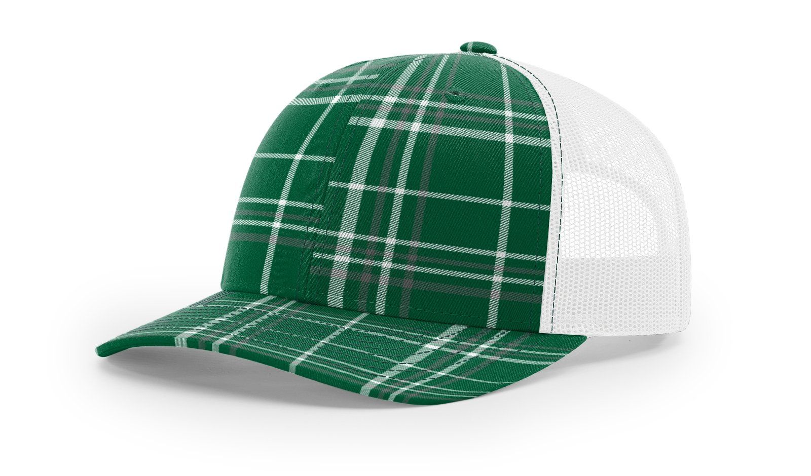 Green plaid baseball cap with white mesh back.