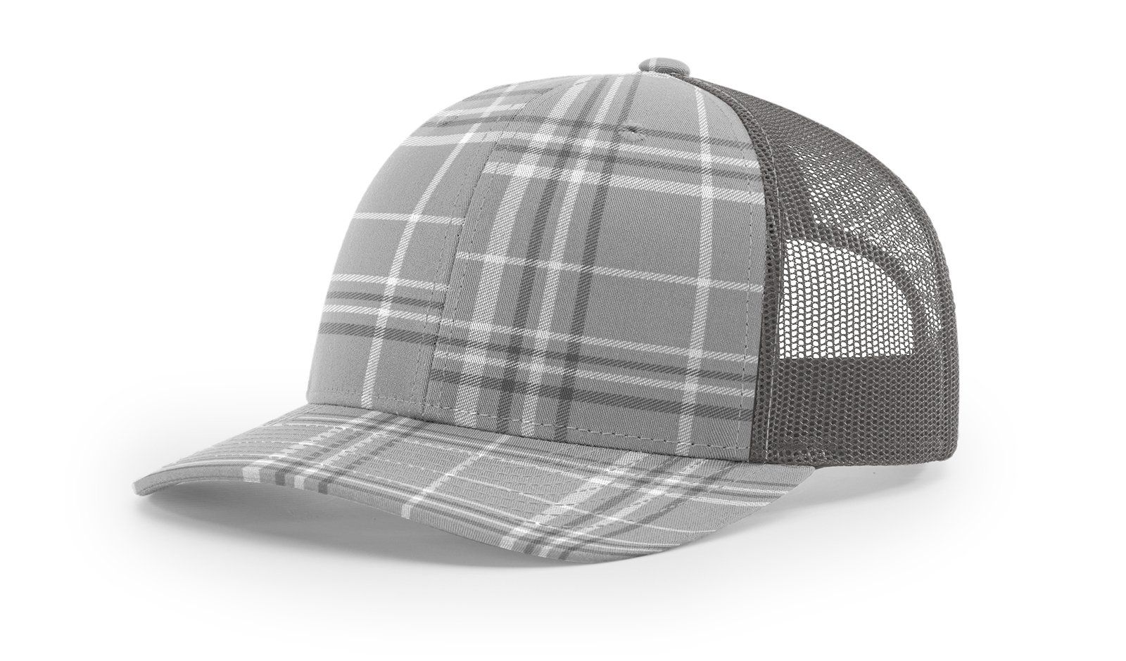 Gray plaid trucker hat with a gray mesh back.