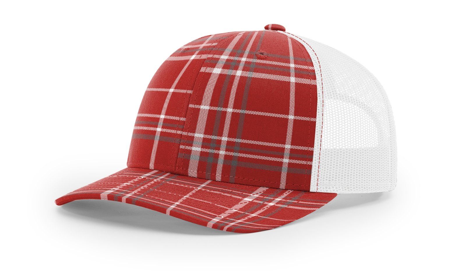 Red plaid trucker hat with white mesh back.