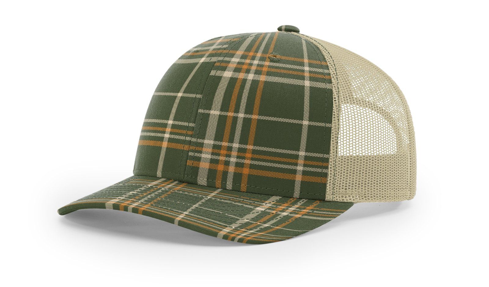 Green plaid baseball cap with tan mesh back and brim.