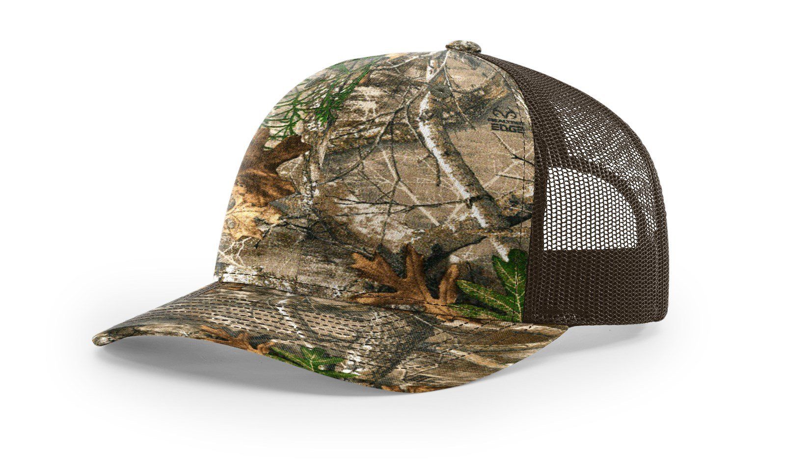 Camouflage print trucker hat with brown mesh back.