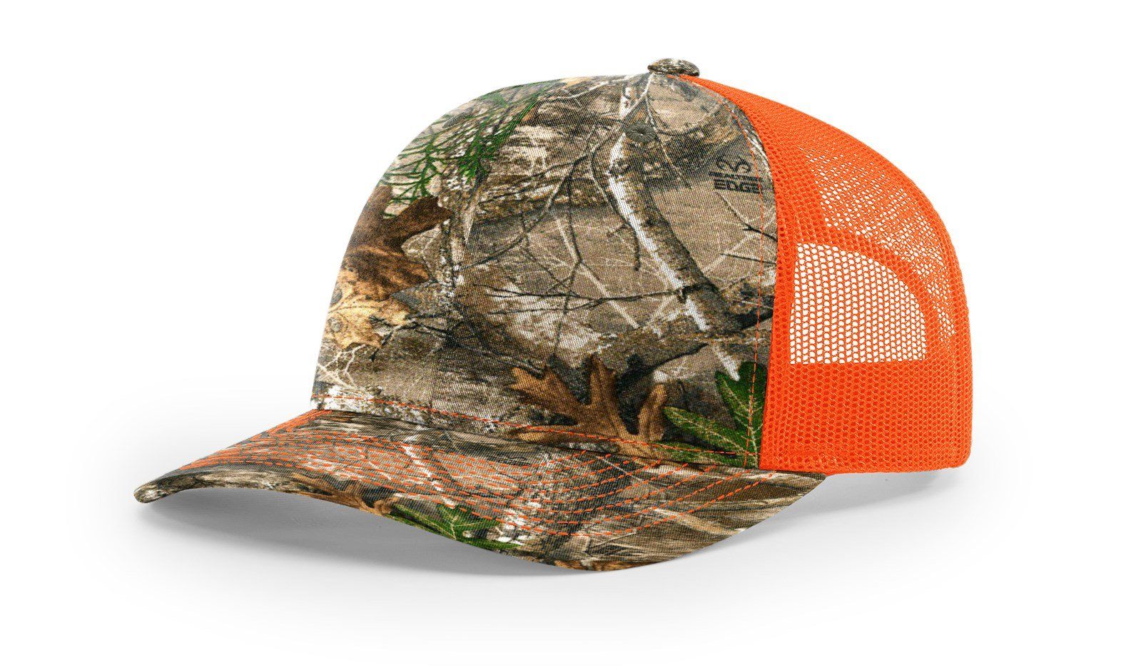 Camouflage baseball cap with orange mesh back.