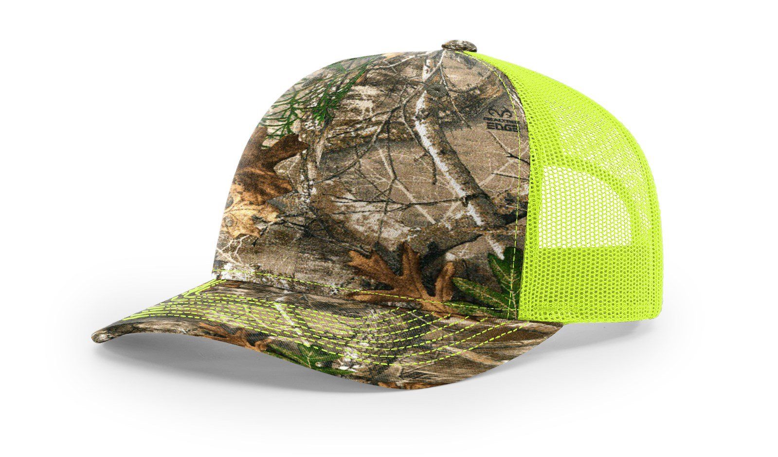 Camouflage cap with neon green mesh back.