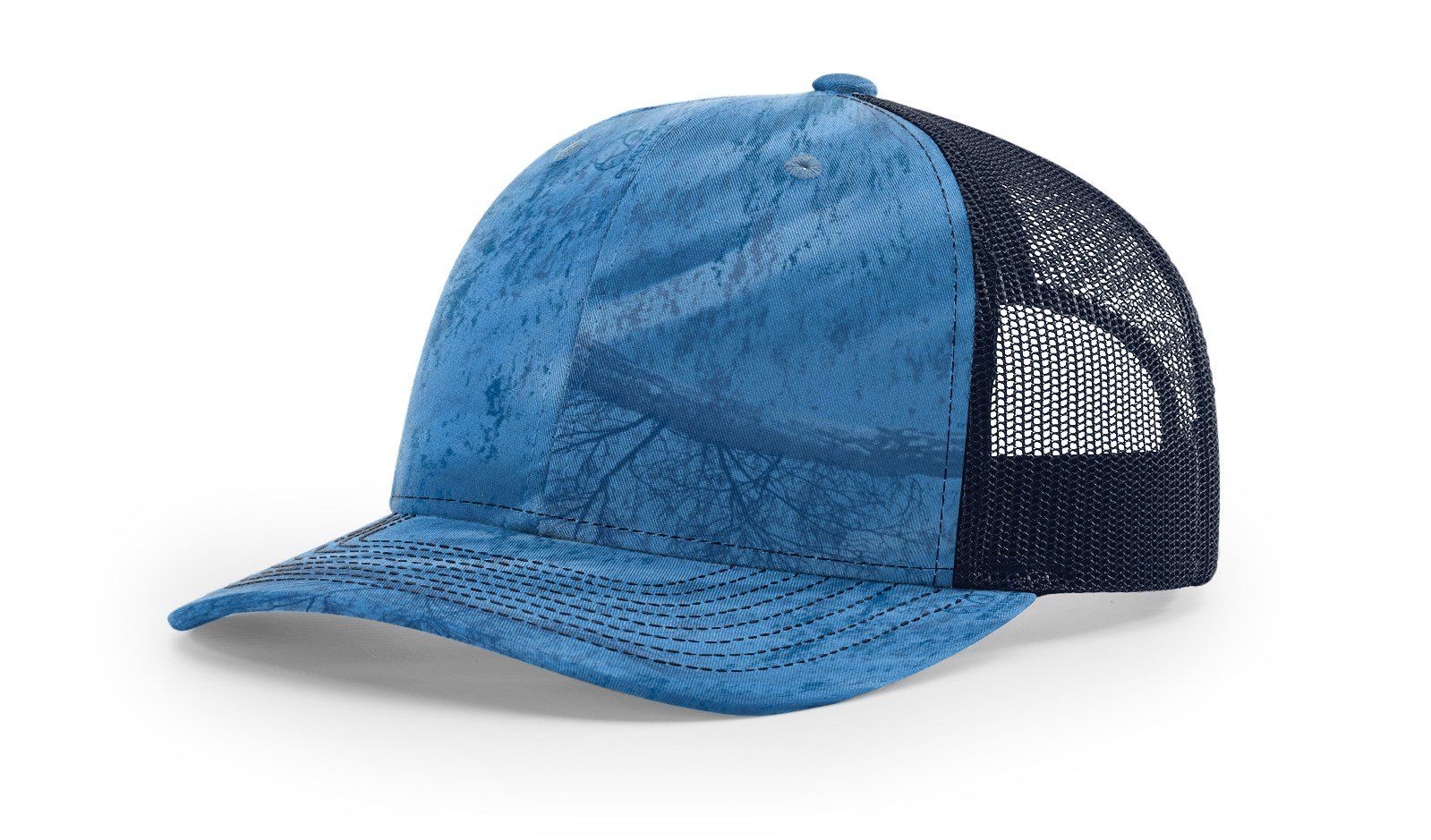 Blue and black baseball cap with mesh back and curved brim.