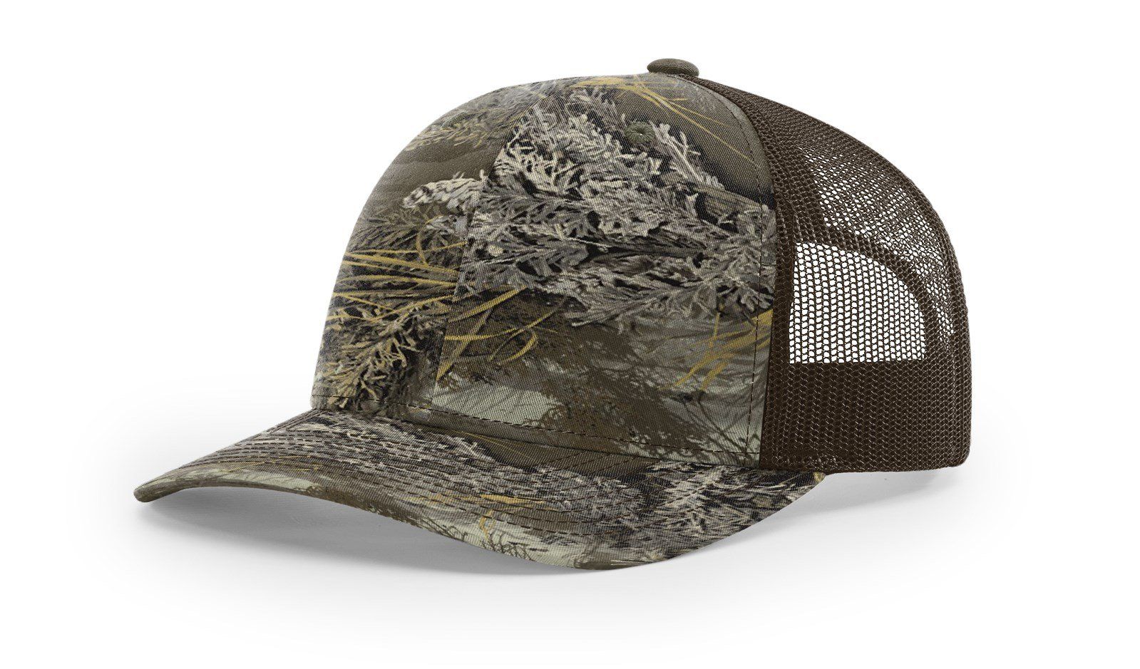 Camouflage pattern trucker hat with brown mesh backing.