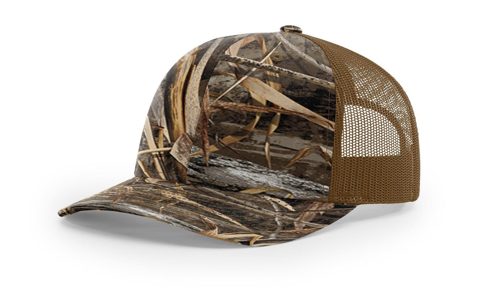 Camouflage baseball cap with brown mesh back and brim.
