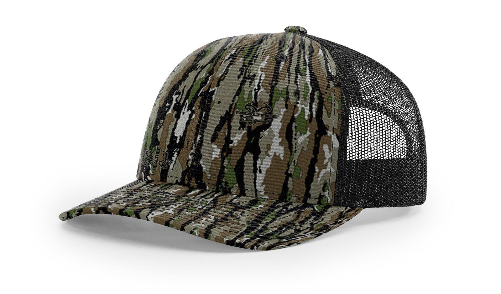 Camouflage trucker hat with a black mesh back and a curved brim.