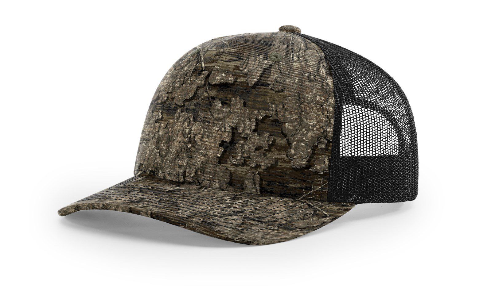 Camouflage print trucker hat with black mesh back.