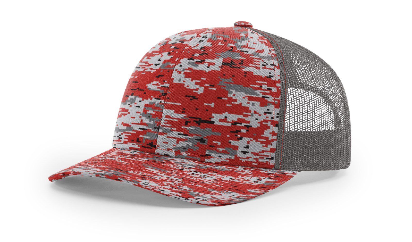 Red and gray camouflage trucker hat.