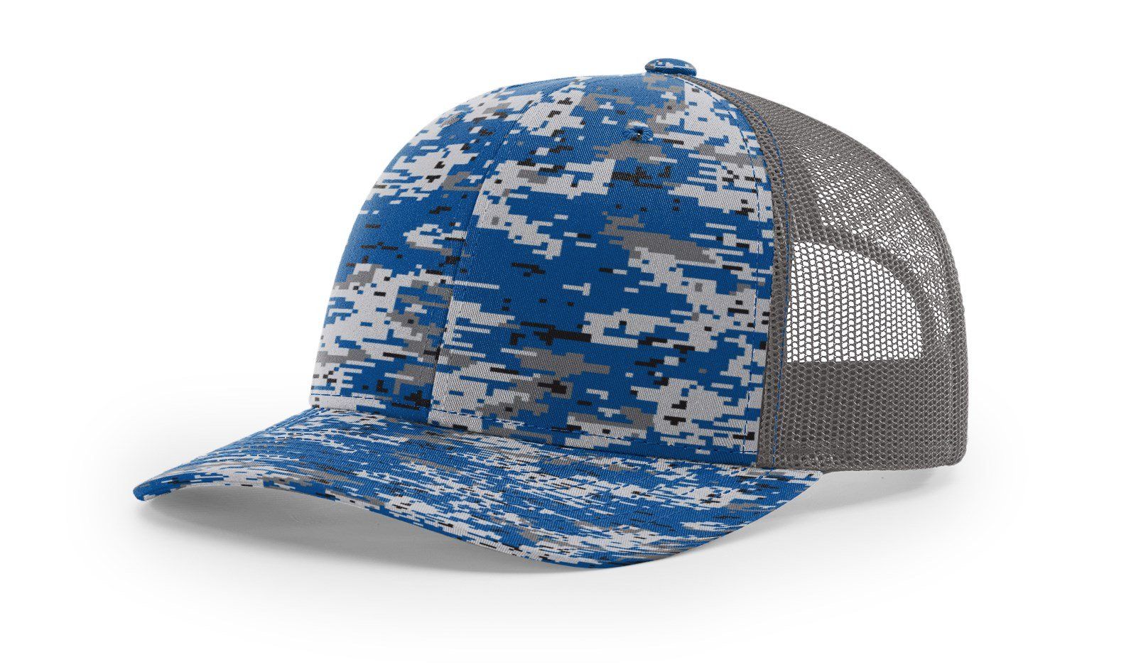 Blue and gray digital camouflage trucker hat.