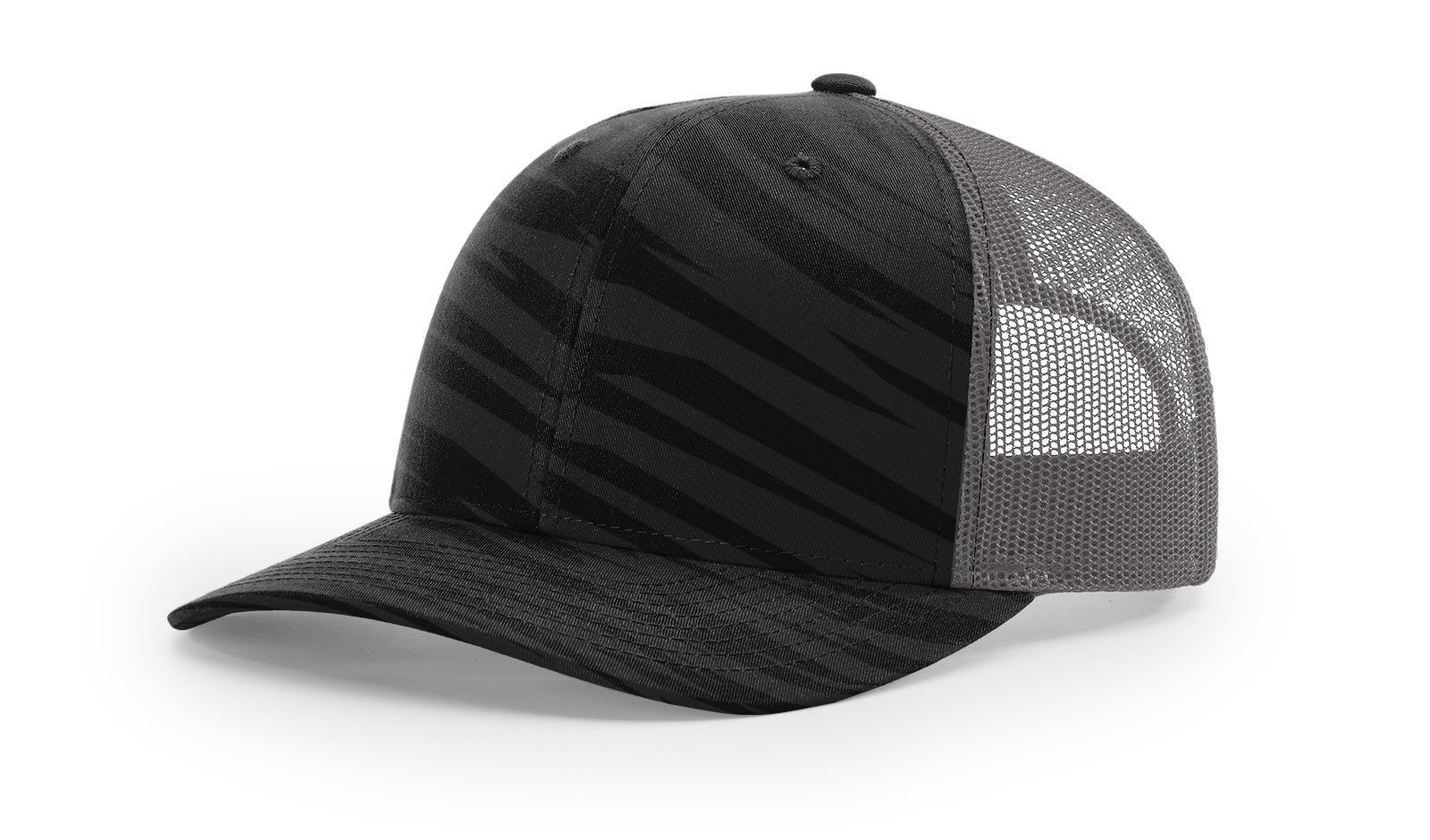 Black and gray trucker hat with curved brim. The front panel has a striped pattern.