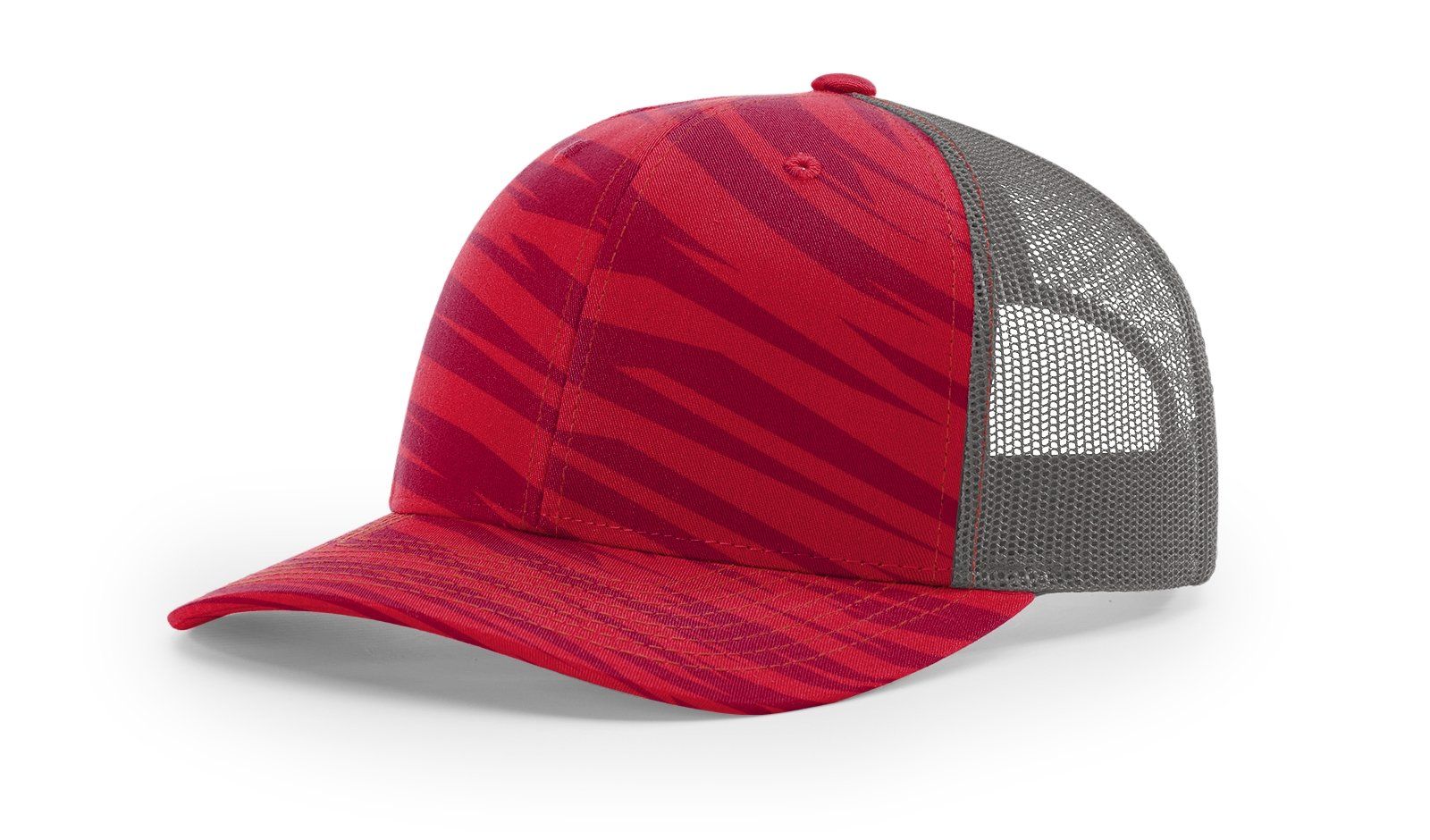 Red and gray trucker hat with striped pattern.