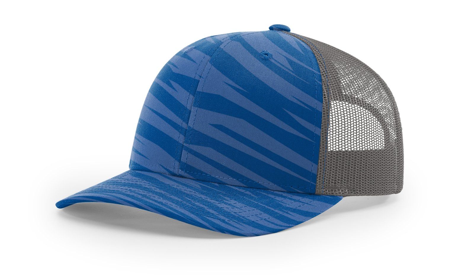 Blue and gray trucker hat with curved brim and patterned fabric on the front panels.