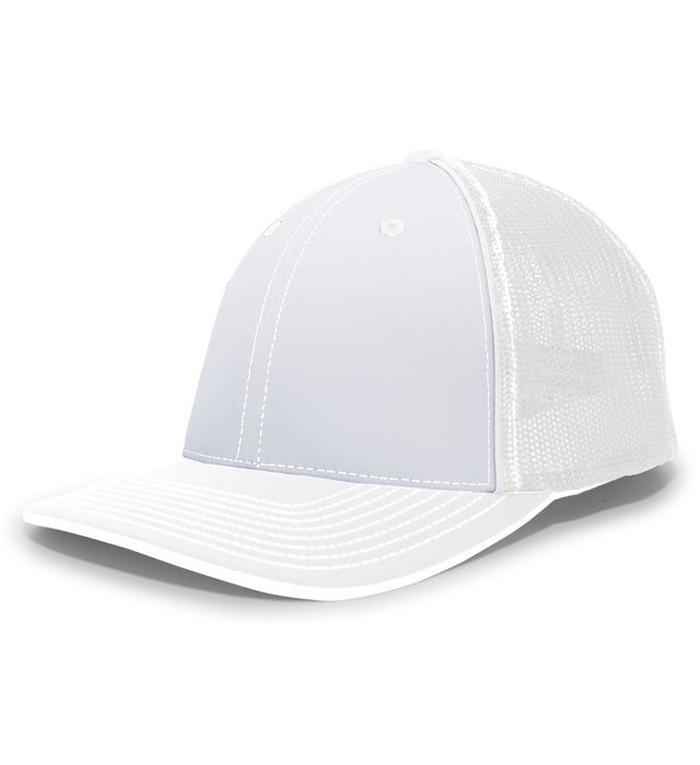 White trucker hat with a solid front and mesh back.