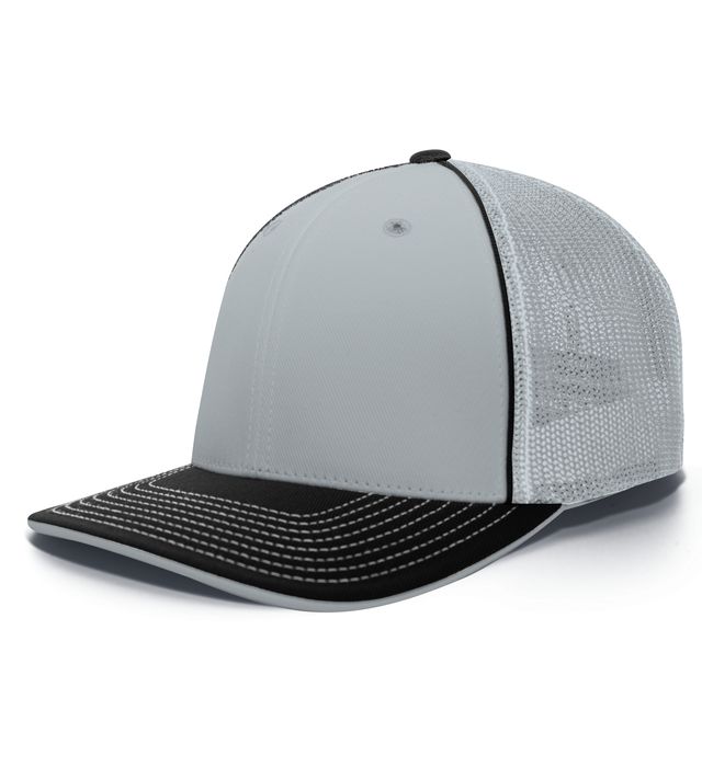 Gray and black trucker hat with a mesh back.