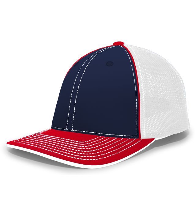 Navy, red, and white baseball cap with mesh back.
