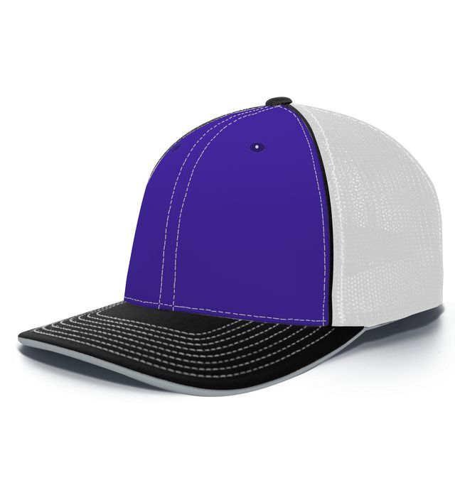 Blue and white baseball cap with black brim and mesh back.