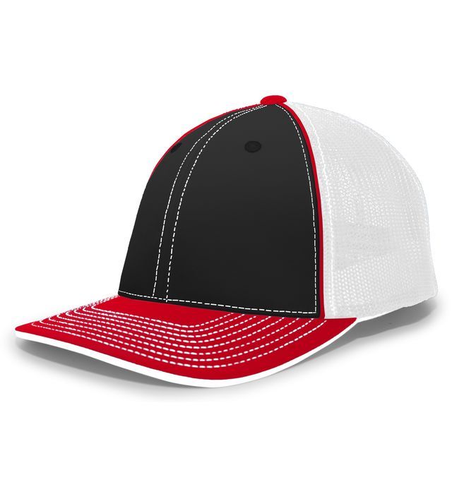 Black, red, and white baseball cap with mesh back and curved brim.