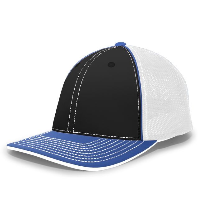 Black, white, and blue trucker hat with a curved brim.