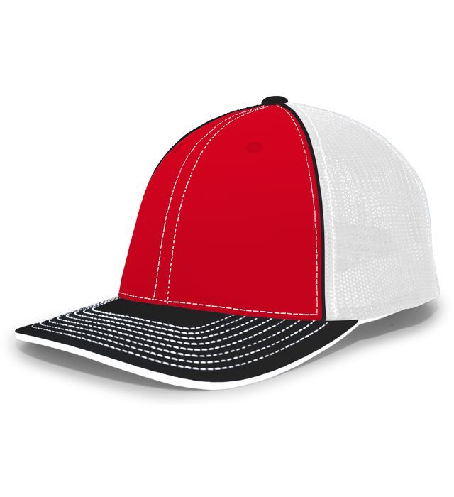 Red, white, and black baseball cap with a mesh back, and a curved bill.