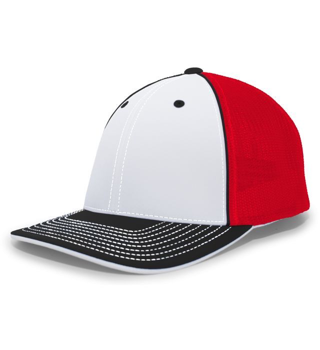 Red, white, and black baseball cap with a curved visor.