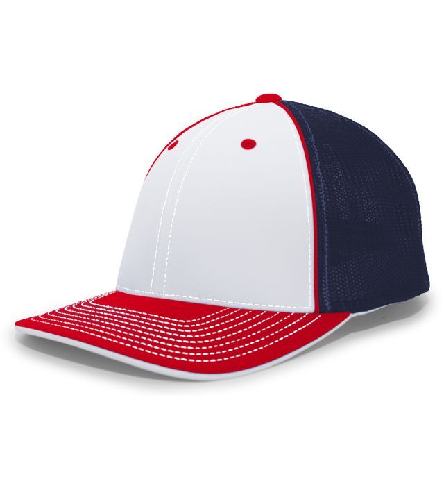 White front, navy mesh sides, and red brim baseball cap.
