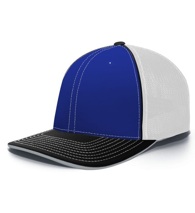 Blue, white, and black trucker hat.