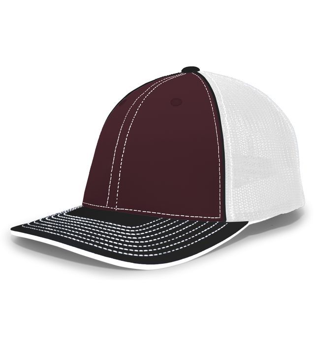 Maroon and white baseball cap with a black brim and stitching.
