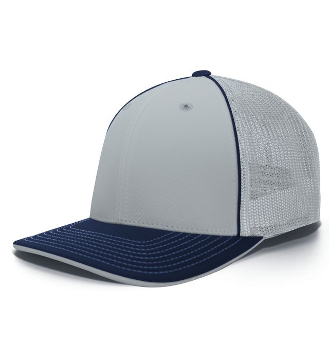 Gray and navy blue baseball cap with a mesh back.