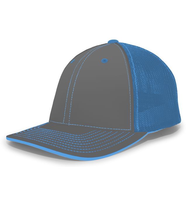 Blue and gray baseball cap with mesh backing.