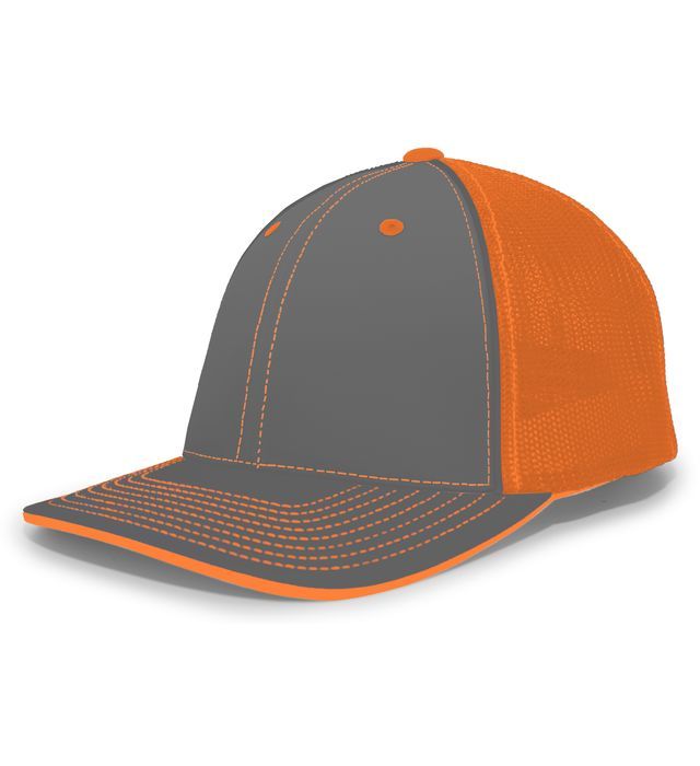 Gray and orange baseball cap with a curved brim.