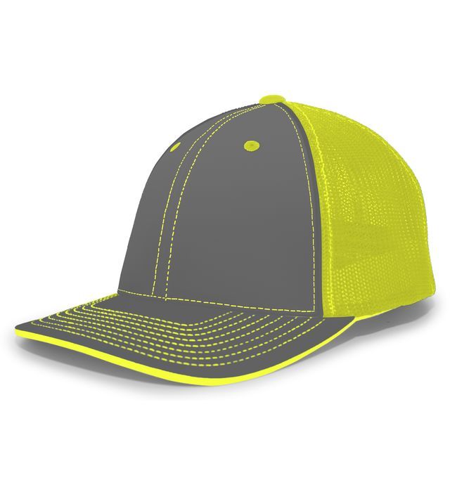 Gray and neon yellow baseball cap with mesh backing.