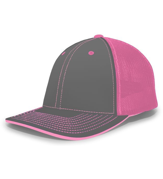 Gray and pink baseball cap with a mesh back.