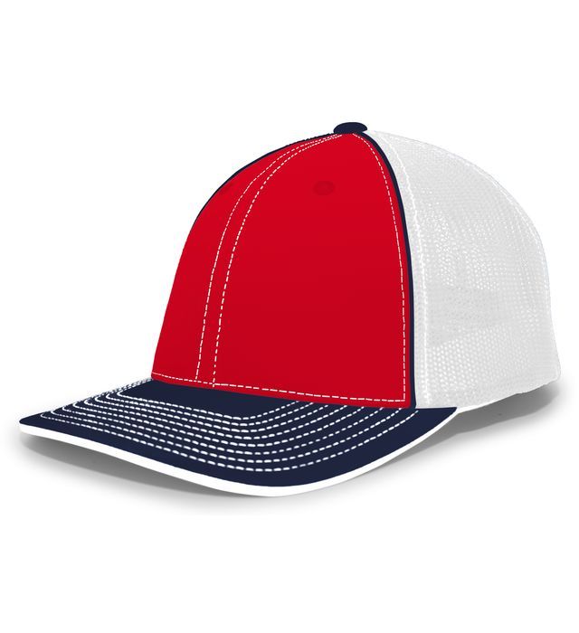 Red, white, and navy blue baseball cap with a mesh back, and white stitching.