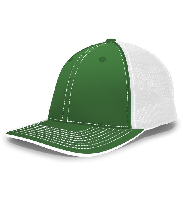 Green and white baseball cap with mesh back and white brim.