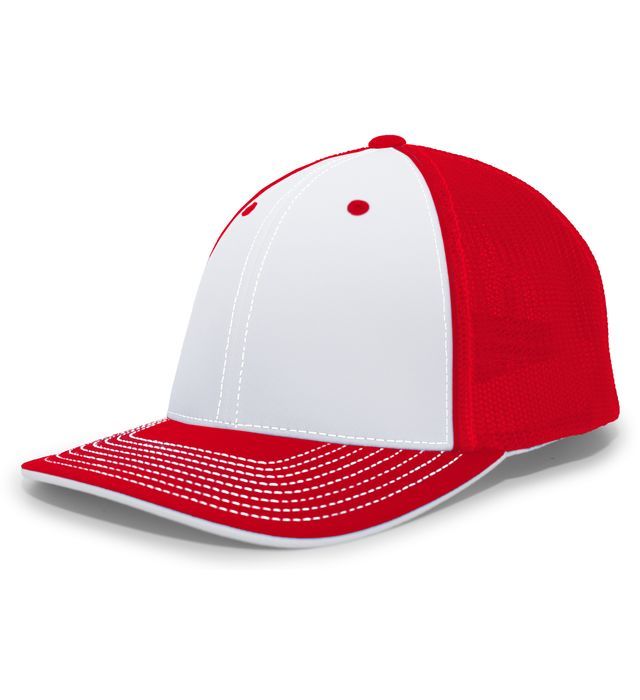 Red and white baseball cap with white stitching on the brim.